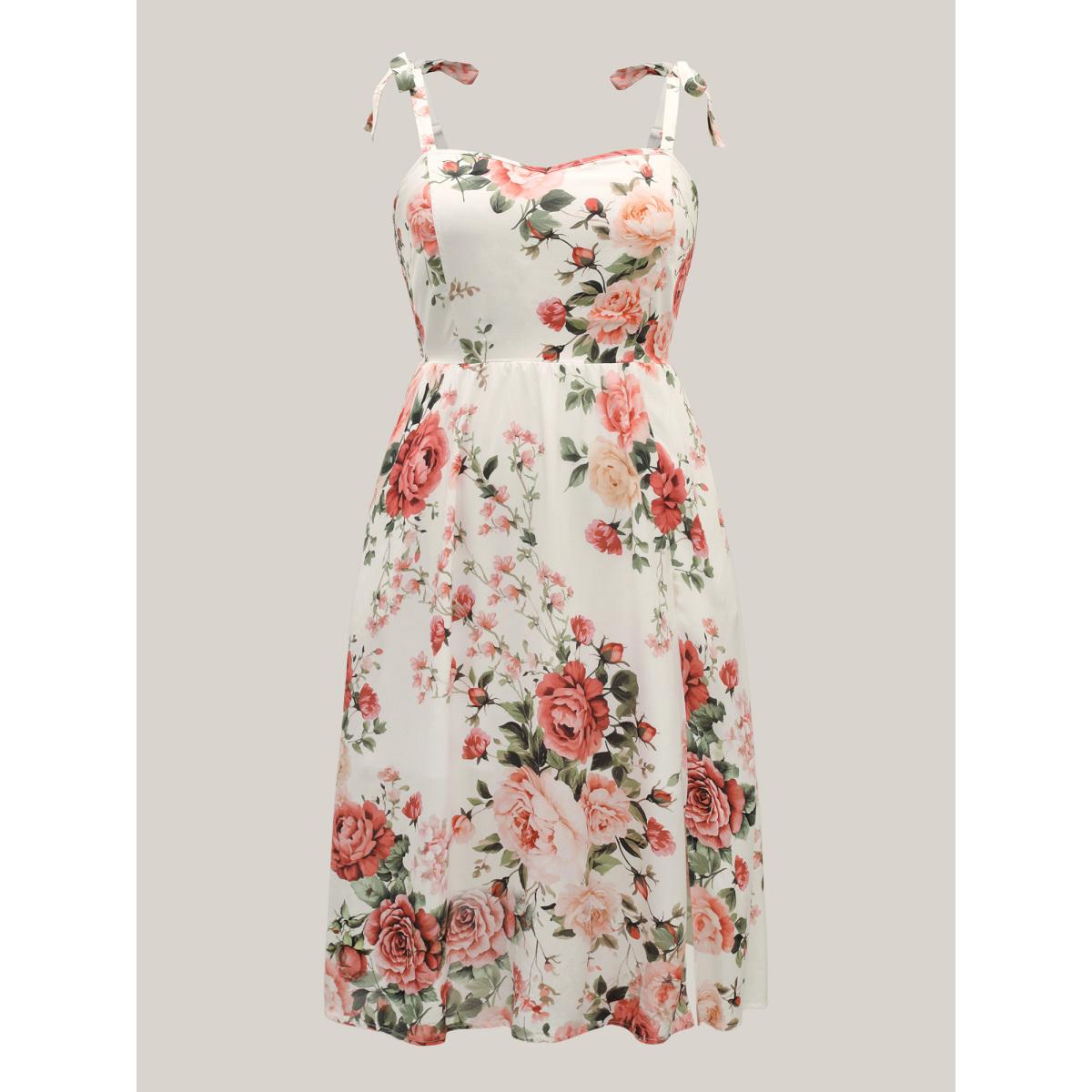 Plus Size Rosy Print Bow Strap Pockets Midi Dress Originalwhite Women Romantic Non Sleeveless Curvy BloomChic 22-24/3X Product Image