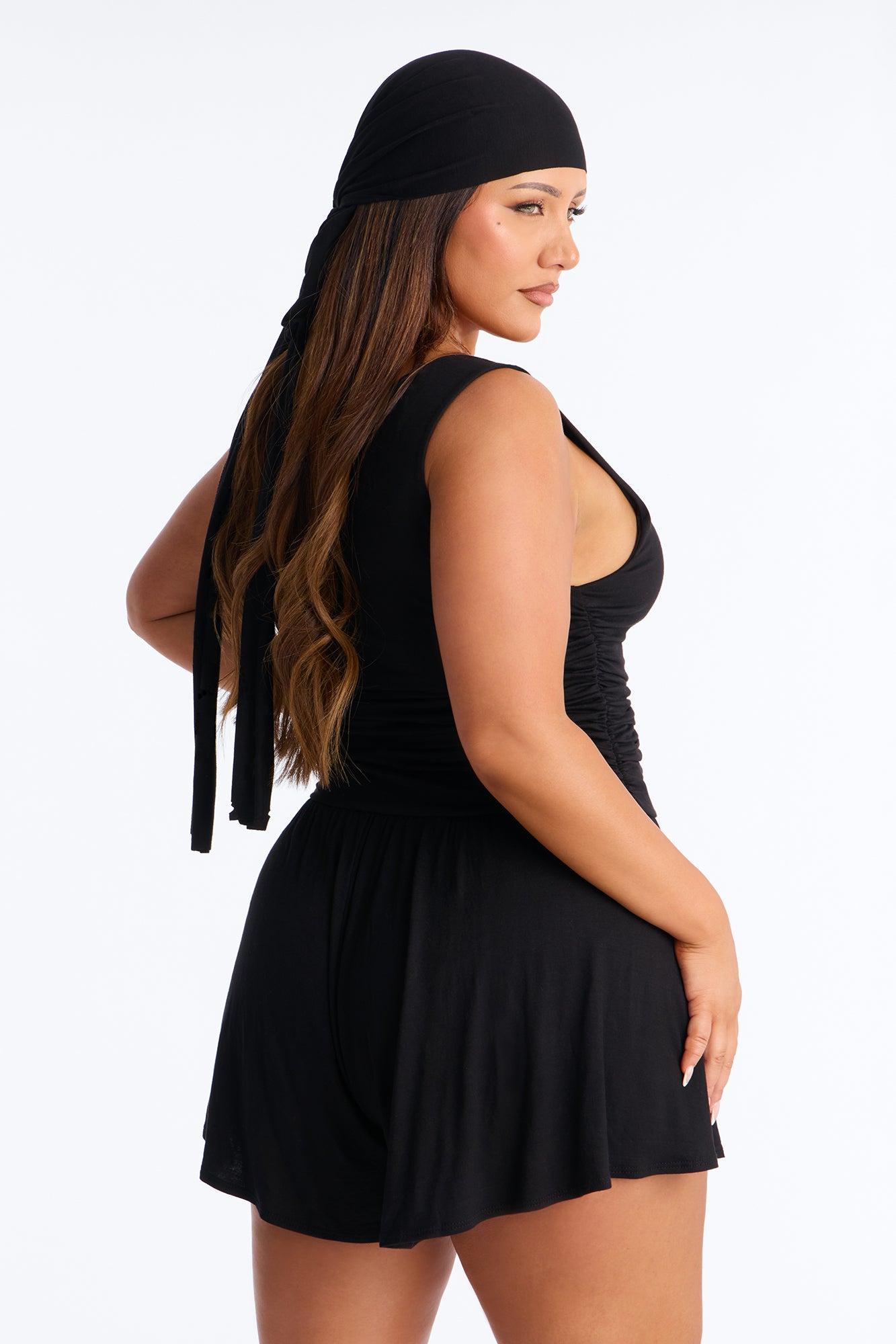 Monica Ruched Romper And Headscarf 2 Piece Set - Black Female Product Image