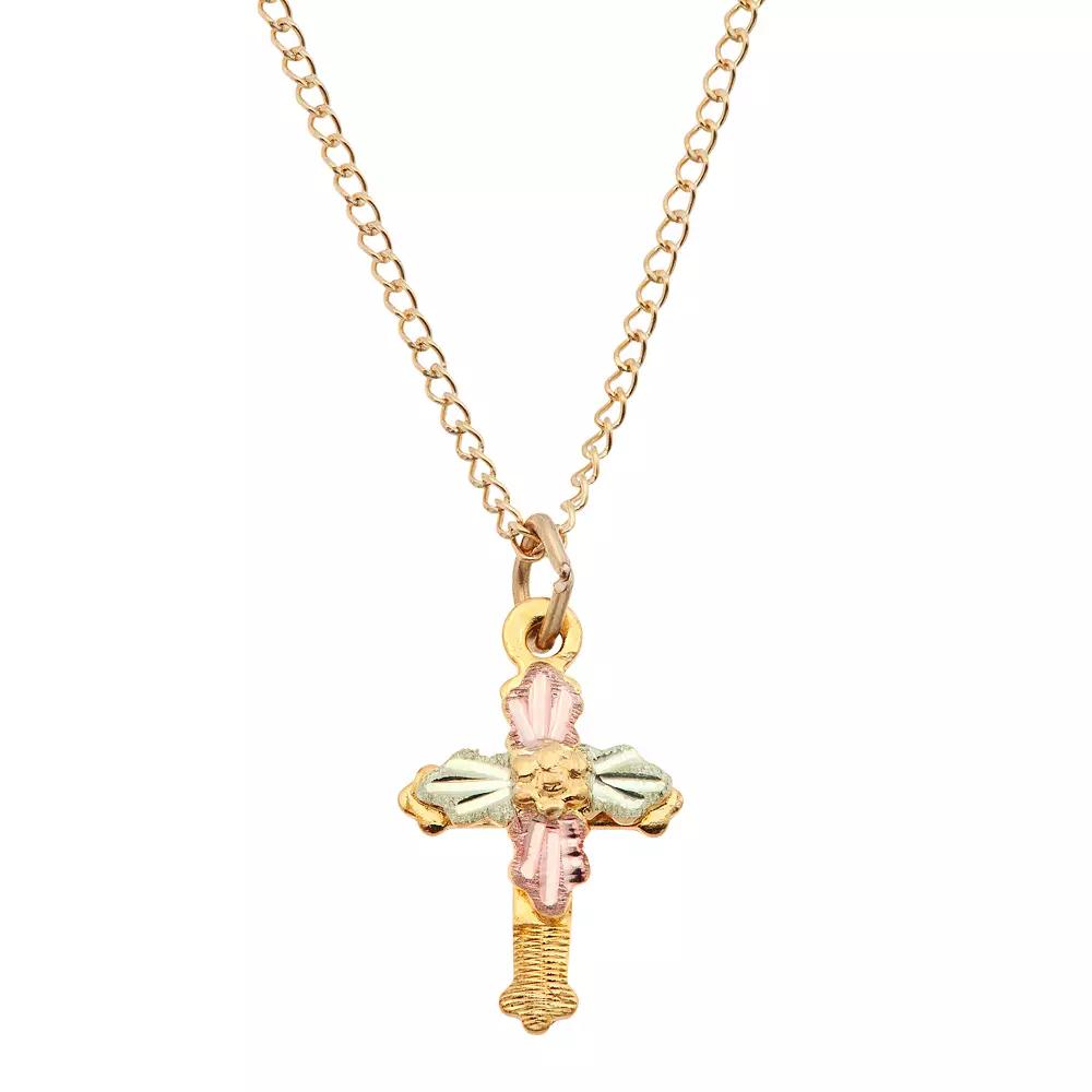 Black Hills Gold Tri Tone Flower Cross Pendant Necklace, Women's, Size: 18", 10k Gold Product Image