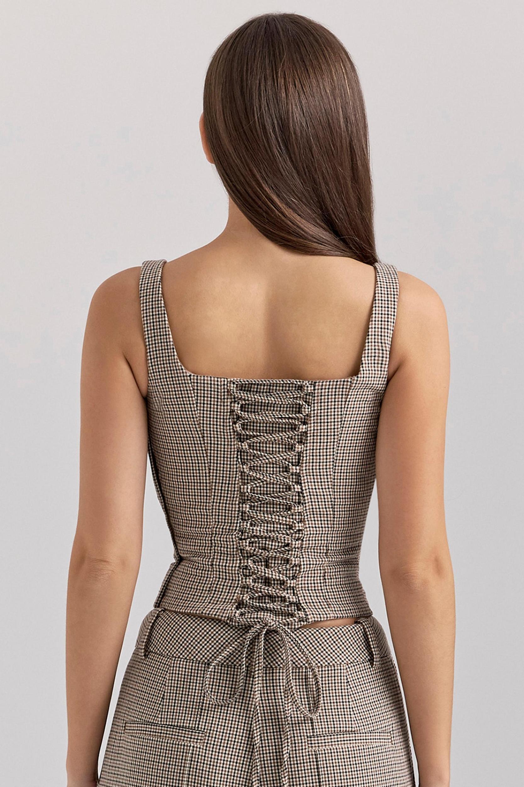 Selma  brown puppytooth boned corset top Product Image