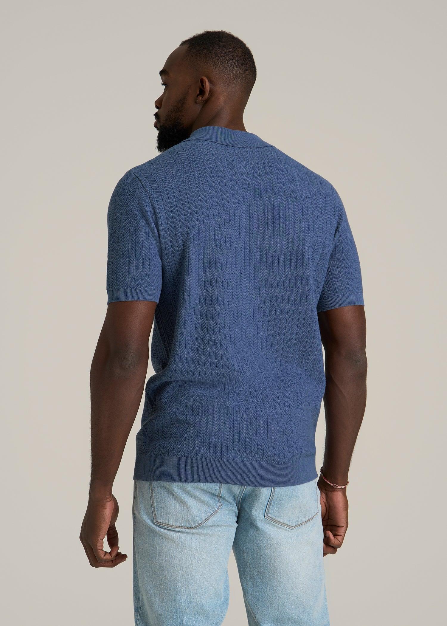 Linen Blend Ribbed Knit Polo Shirt for Tall Men in Steel Blue Male Product Image