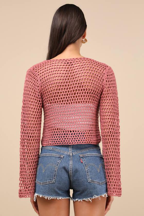 Saray Dusty Rose Loose Crochet Knit Lace-Up Sweater Crop Top Product Image