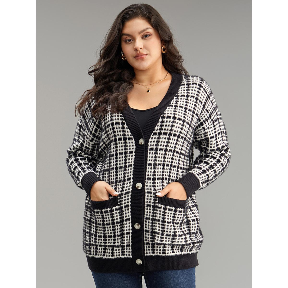 Plus Size Plaid Button Down Patched Pocket Cardigan Black Women Casual Loose Long Sleeve Dailywear Cardigans BloomChic 12/L Product Image