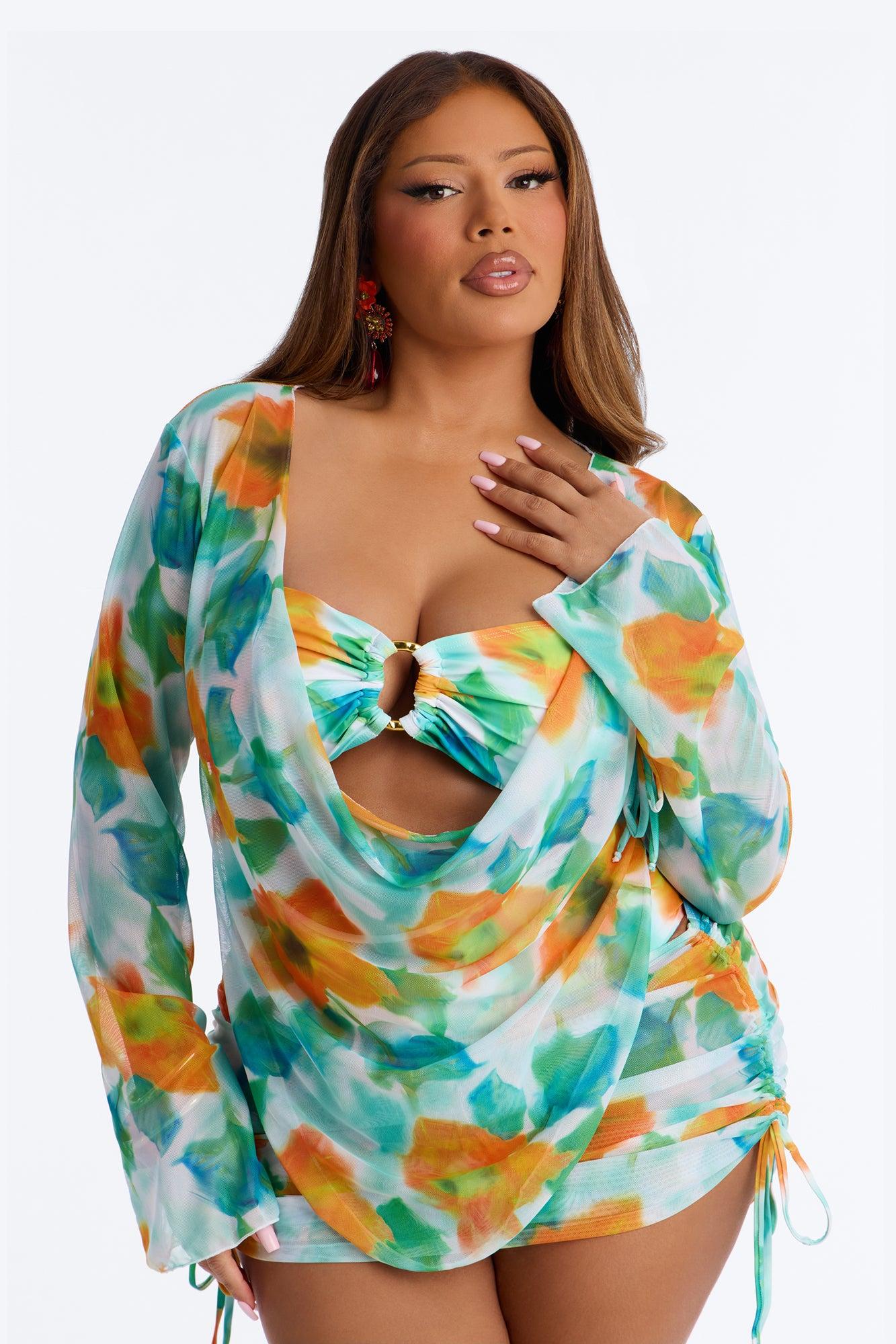Island Shore Hardware Strapless Scoop Neck Boyshort 3 Piece Bikini Top Set - Green/combo Female Product Image