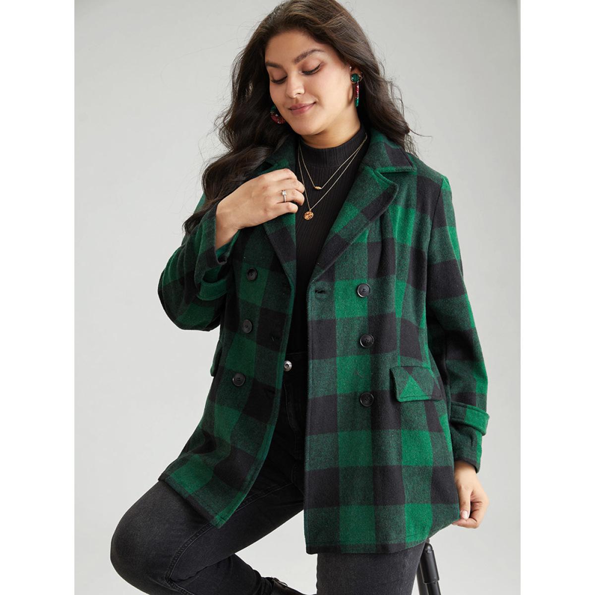 Plus Size Plaid Lapel Collar Flap Detail Double Breasted Coat Women DarkGreen Casual Contrast Ladies Dailywear Winter Coats BloomChic 28/5X Product Image