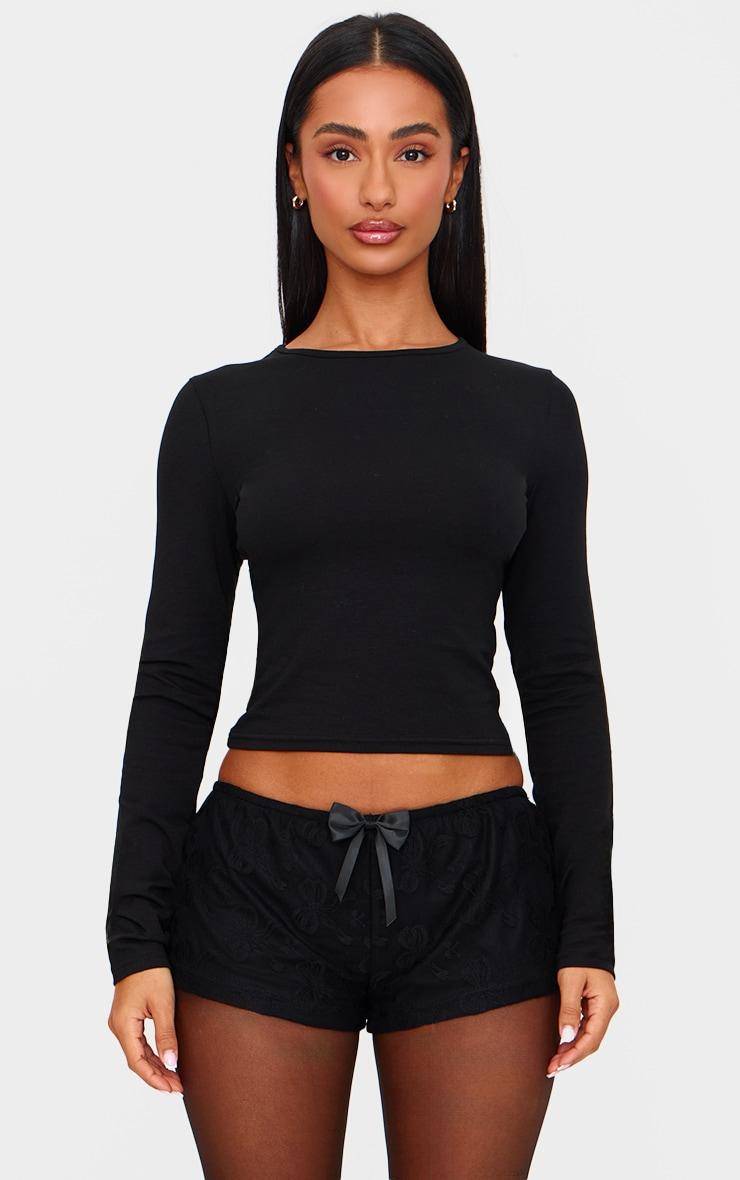 Petite Black Bow Printed Mesh Mini Hot Pants Product Image