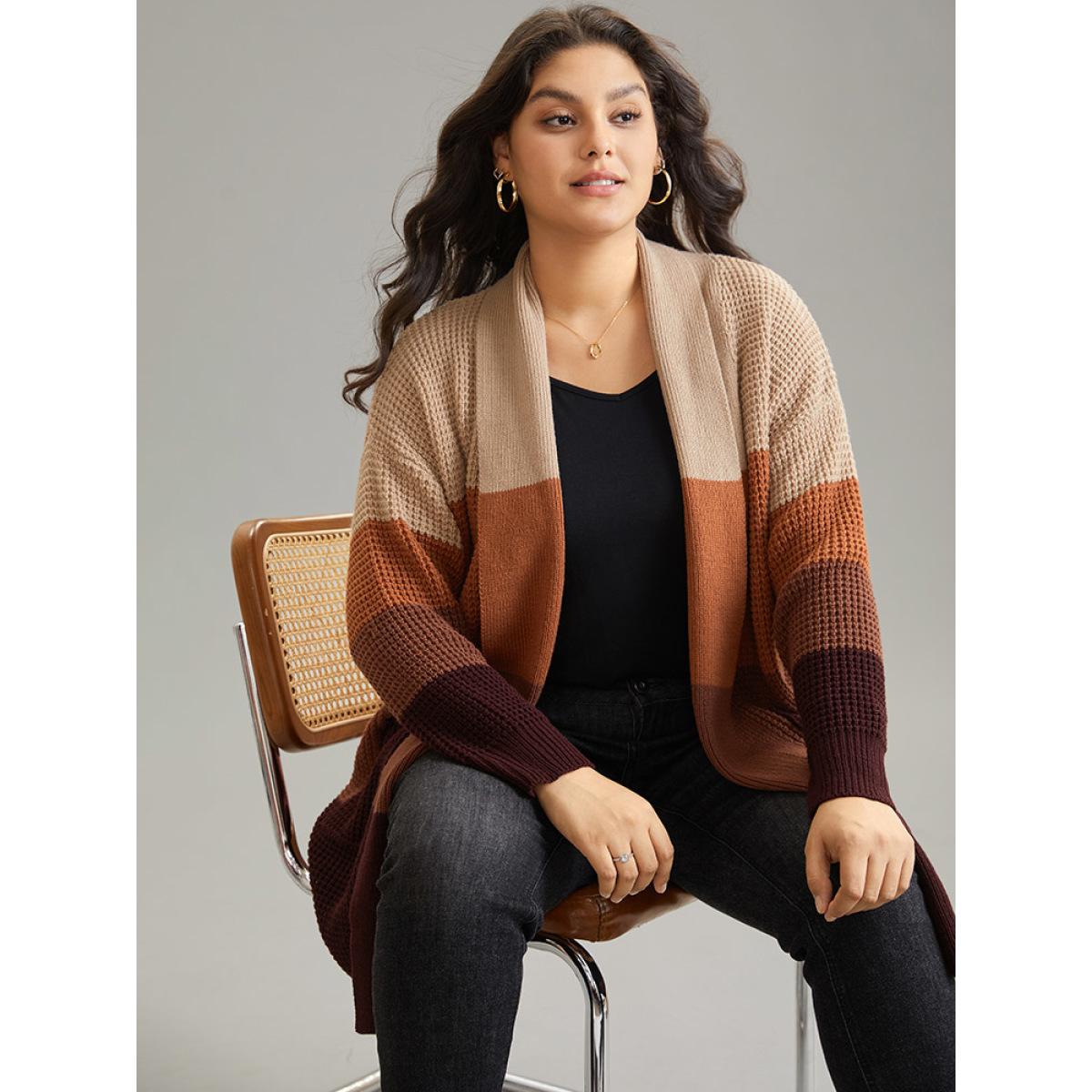 Plus Size Colorblock Contrast Pocket Open Front Cardigan Multicolor Women Casual Loose Long Sleeve Dailywear Cardigans BloomChic 12/L Product Image