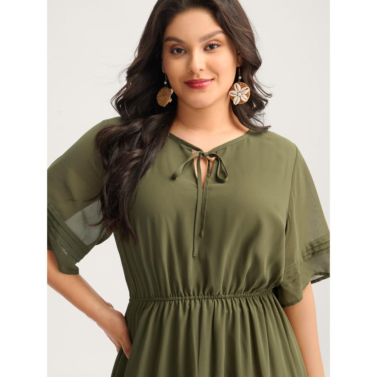 Plus Size Pleated Neck-Tie Tiered Solid Midi Dress ArmyGreen Women Flat collar with V-notch Long Sleeve Curvy BloomChic 18-20/2X Product Image