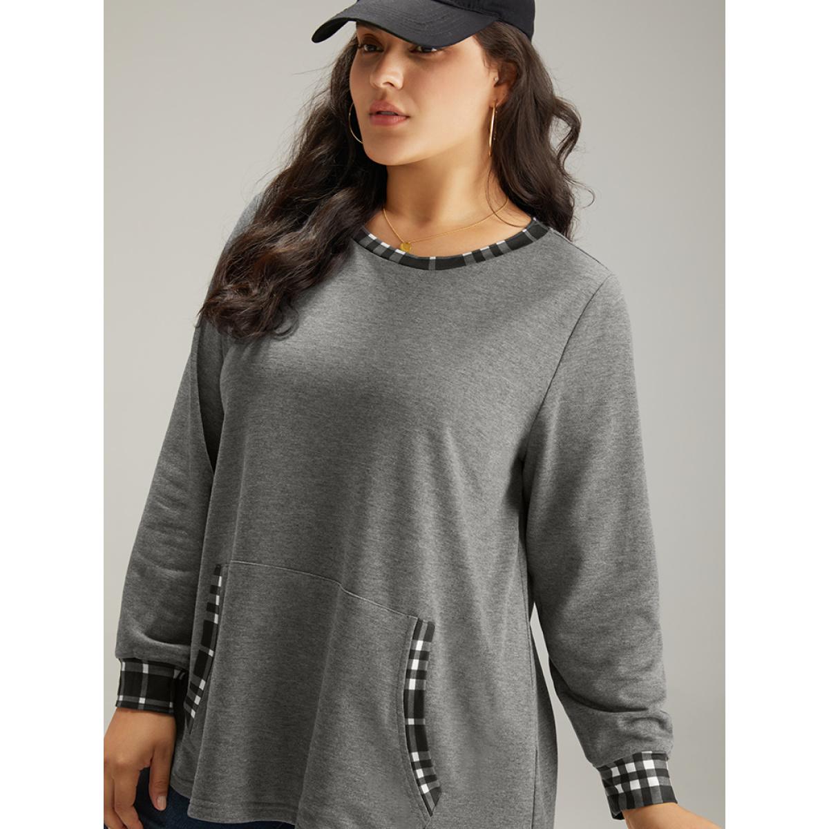 Plus Size Gingham Round Neck Pocket Patchwork Sweatshirt Women DimGray Casual Patchwork Round Neck Dailywear Sweatshirts BloomChic 26/4X Product Image