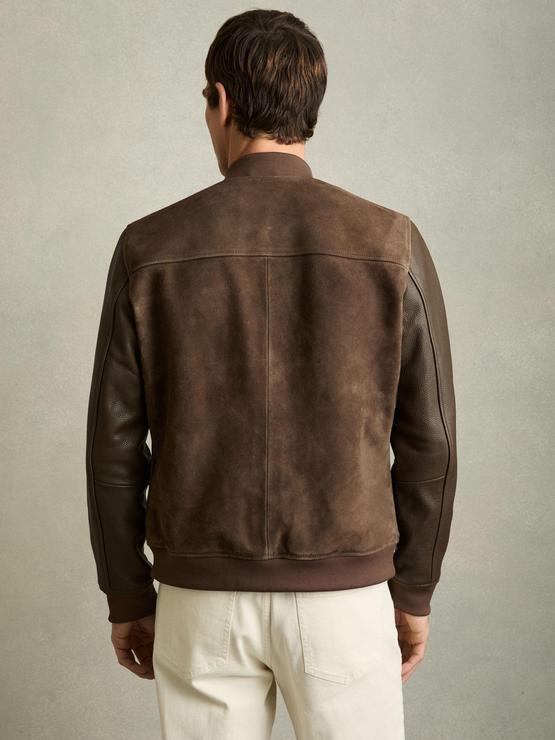 Leather-Sleeve Suede Bomber Jacket in Chocolate Brown Product Image