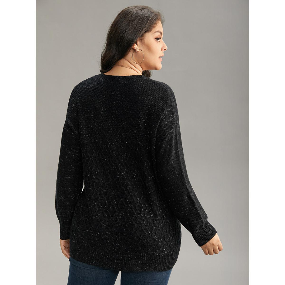 Plus Size Plain Sparkly V Neck Loose Pullover Black Women Casual Long Sleeve V-neck Everyday Pullovers BloomChic 10/M Product Image