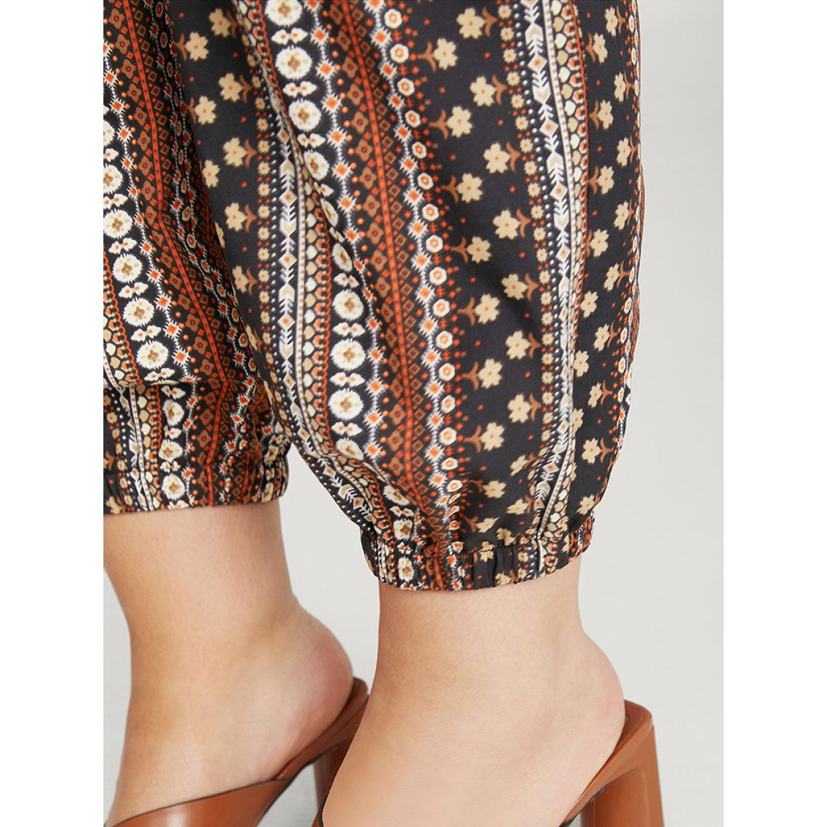 Plus Size Bandana Print Pocket Shirred Ties Pants Women BlackFlower Vacation High Rise Dailywear Pants BloomChic 12/L Product Image