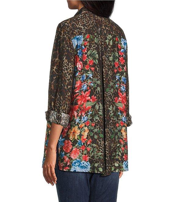John Mark Petite Size Animal Skin Floral Multi Print Point Collar Long Roll-Tab Sleeve Button Front Tunic Product Image