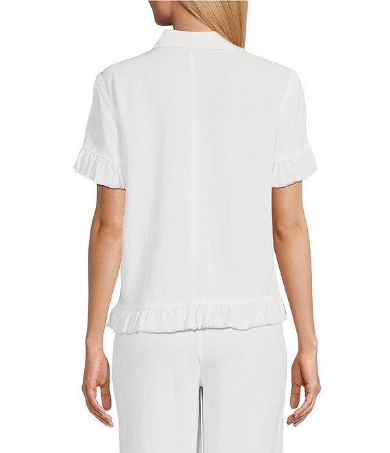 Multiples Petite Size Textured Slub Woven Point Collar Short Sleeve Ruffle Detail Fitted Button Front Jean Jacket Product Image