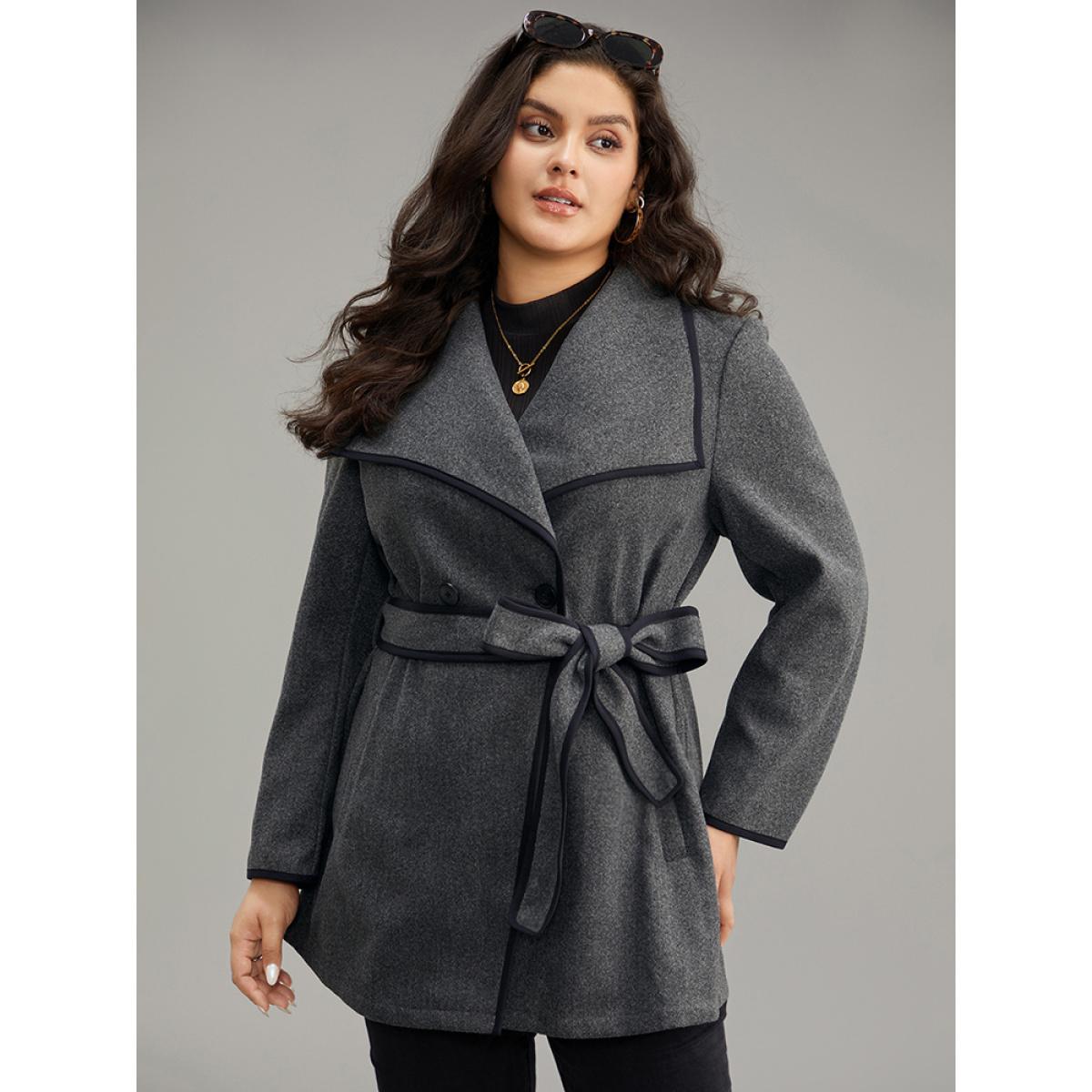 Plus Size Lapel Collar Contrast Trim Belted Button Up Coat Women DimGray Casual Belted Ladies Dailywear Winter Coats BloomChic 30/6X Product Image