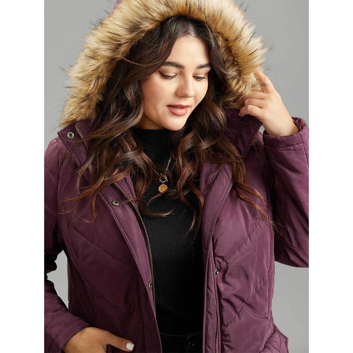 Plus Size Solid Flap Pocket Fuzzy Trim Padded Coat Women Purple Casual Lined Ladies Dailywear Winter Coats BloomChic 12/L Product Image