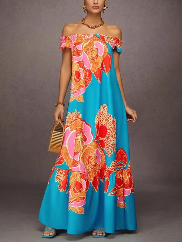 A-Line Loose Elasticity Flower Print Pleated Split-Joint Off-The-Shoulder Maxi Dresses Product Image