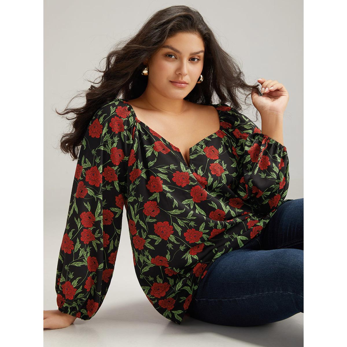 Plus Size BlackFlower Floral Print Notched Lantern Sleeve Blouse Women Elegant Long Sleeve Square Neck Dailywear Blouses BloomChic 10/M Product Image
