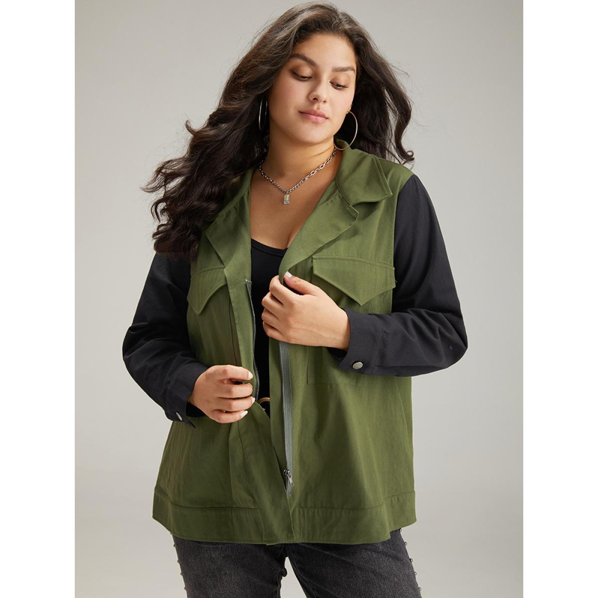 Plus Size Contrast Lapel Collar Pocket Zipper Fly Coat Women Green Casual Contrast Ladies Dailywear Winter Coats BloomChic 30/6X Product Image