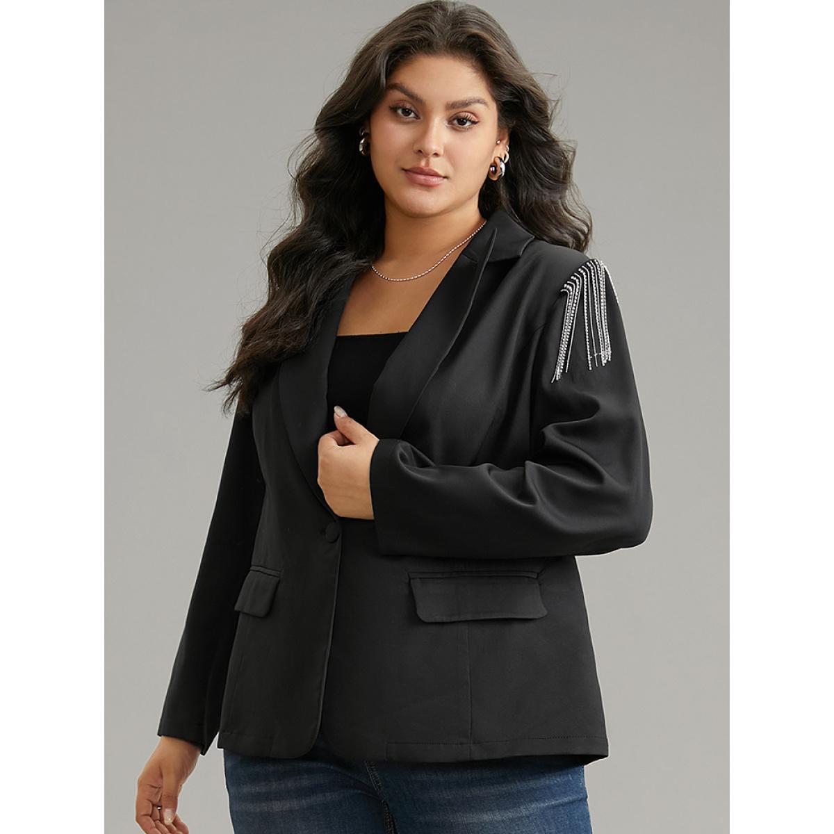 Plus Size Solid Suit Collar Tassel Trim Blazer Black Women Dailywear Plain Tassels Sleeve Long Sleeve Suit Collar 12/L Elegant Blazers BloomChic Product Image