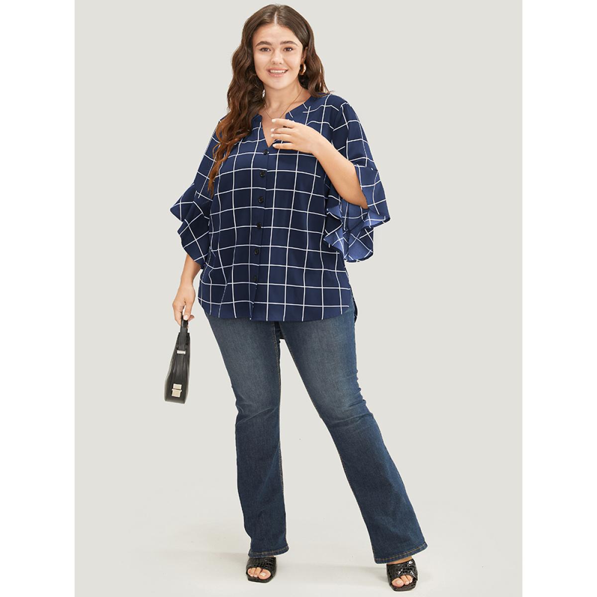 Plus Size Blue Plaid Notched Button Up Ruffle Sleeve Split Hem Blouse Women Office Elbow-length sleeve Notched collar Office Blouses BloomChic 10/M Product Image
