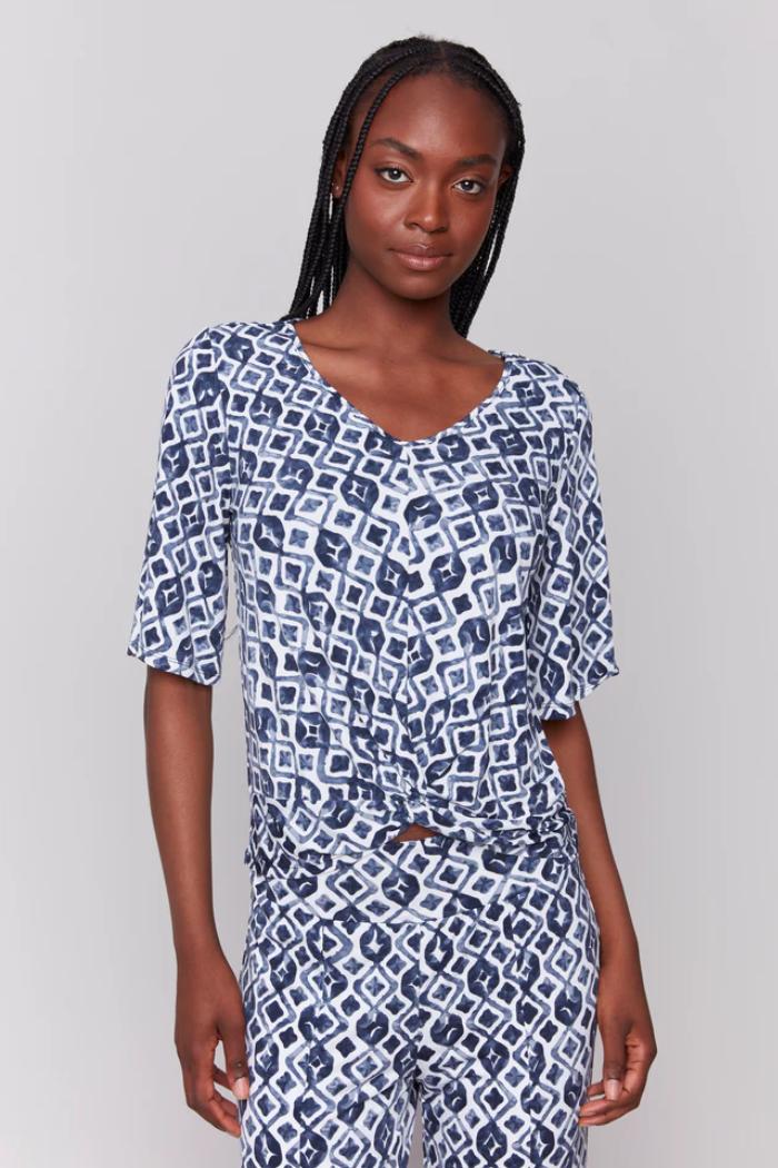 Printed V Neck Twist Front Top Product Image