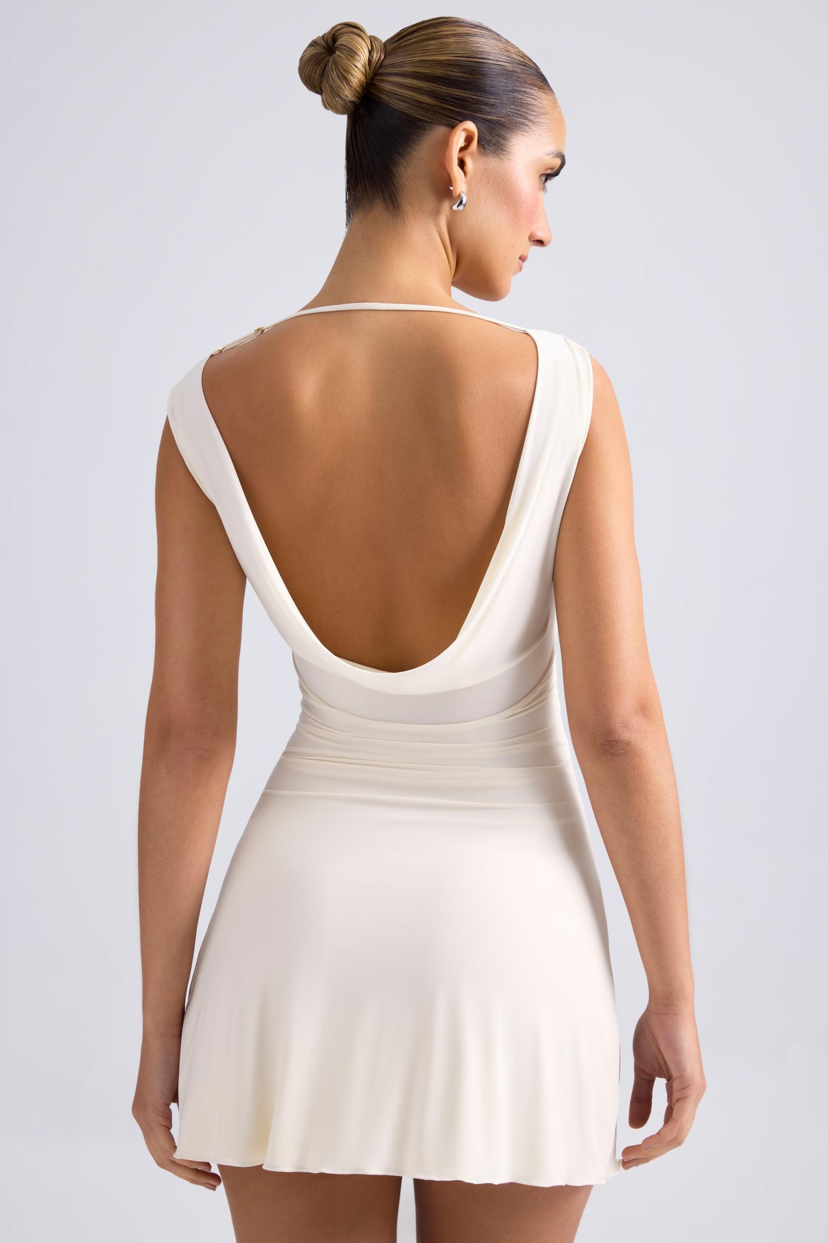 Off-Shoulder Cowl-Back A-Line Mini Dress in Ivory Product Image