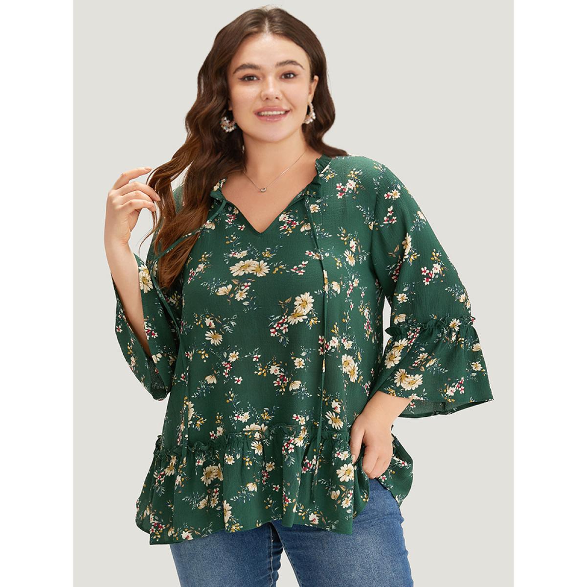 Plus Size DarkGreen Floral Print Knot Neck Ruffle Trim Blouse Women Elegant Elbow-length sleeve Tie Neck Dailywear Blouses BloomChic 12/L Product Image