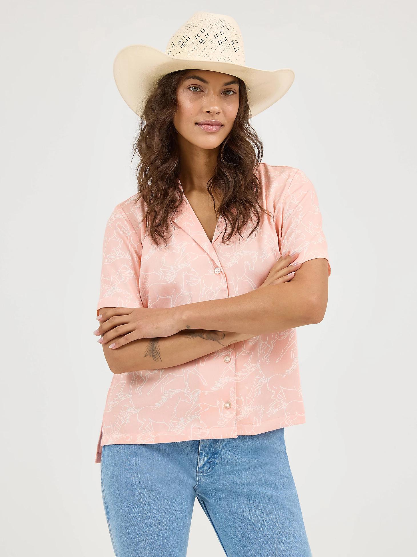 Women's Wrangler Retro® Cowgirl Camp Shirt in Rose Horse Product Image
