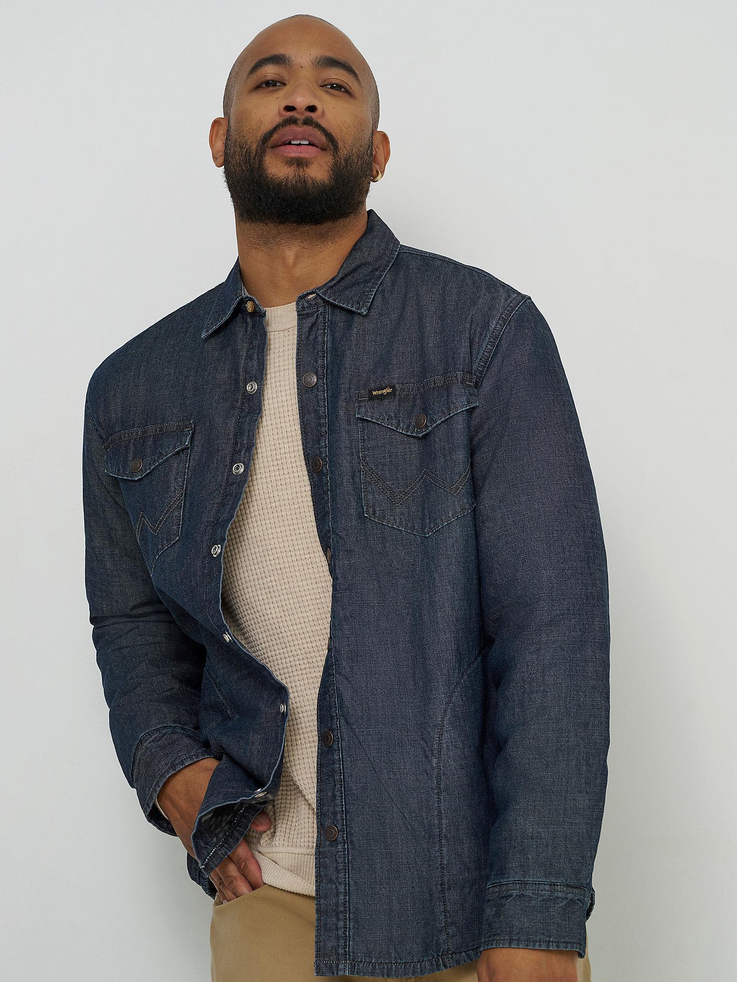 Men's Printed Fleece Lined Denim Shirt in Gravel Wash Product Image
