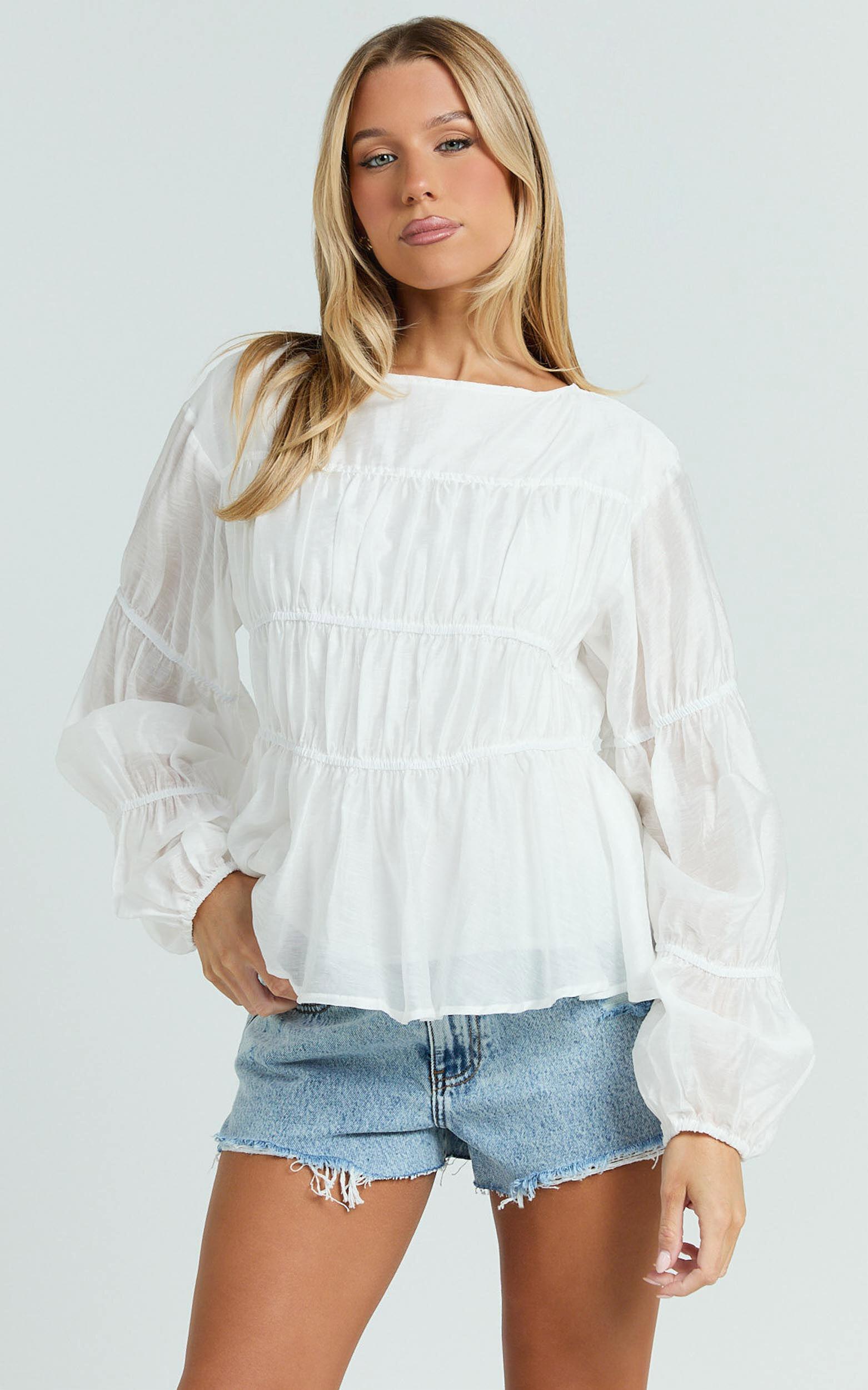 Malou Top - Shirred Long Sleeve Top in White Product Image