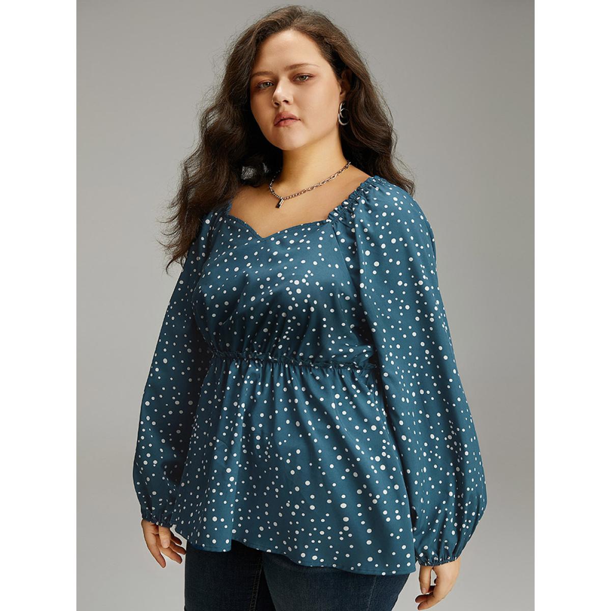 Plus Size Aegean Polka Dot Square Neck Gathered Blouse Women Elegant Long Sleeve Square Neck Everyday Blouses BloomChic 30/6X Product Image