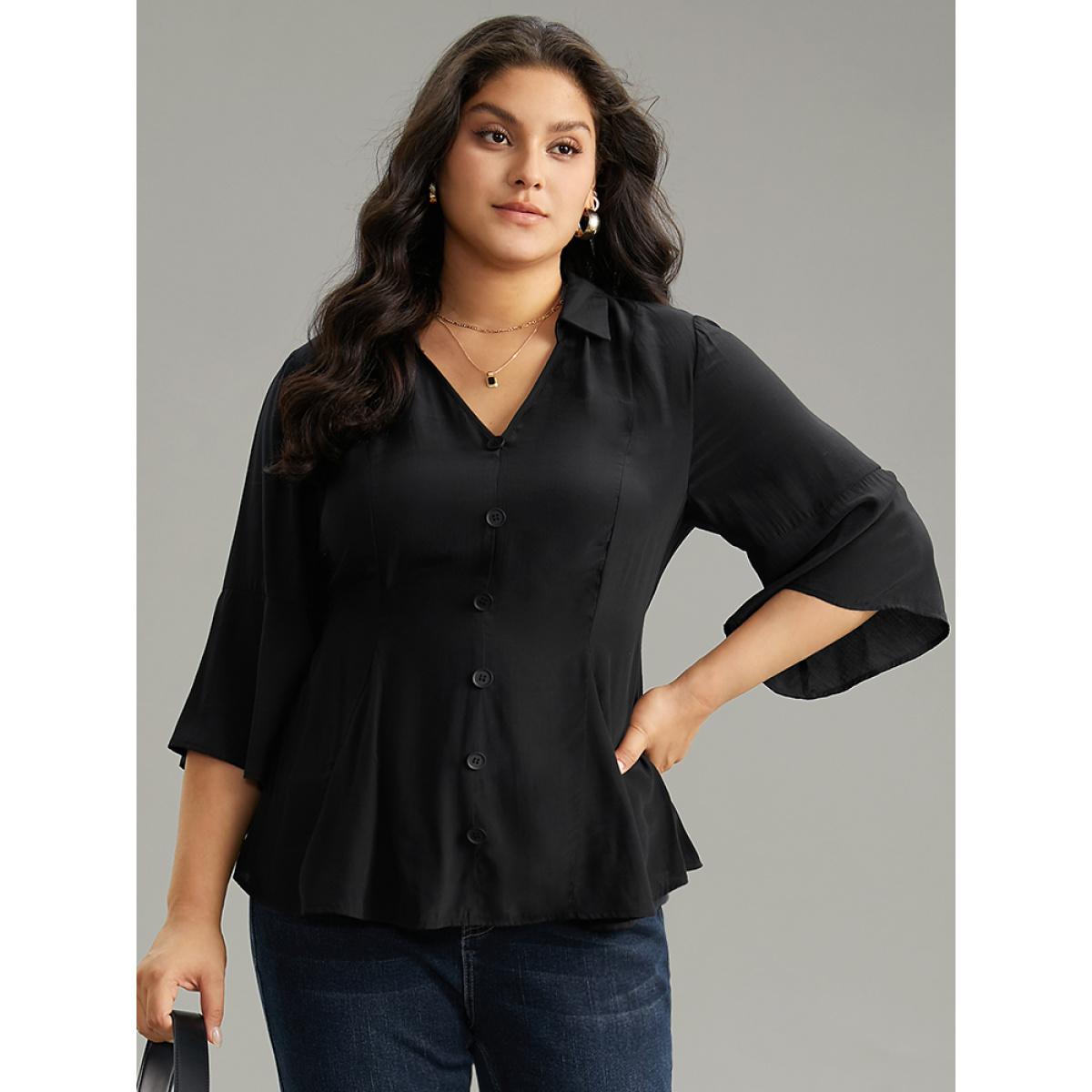 Plus Size Black Plain Button Detail Bell Sleeve Blouse Women Office Elbow-length sleeve Shirt collar Work Blouses BloomChic 10/M Product Image