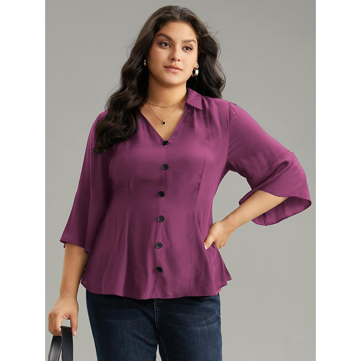 Plus Size Purple Plain Button Detail Bell Sleeve Blouse Women Office Elbow-length sleeve Shirt collar Work Blouses BloomChic 28/5X Product Image