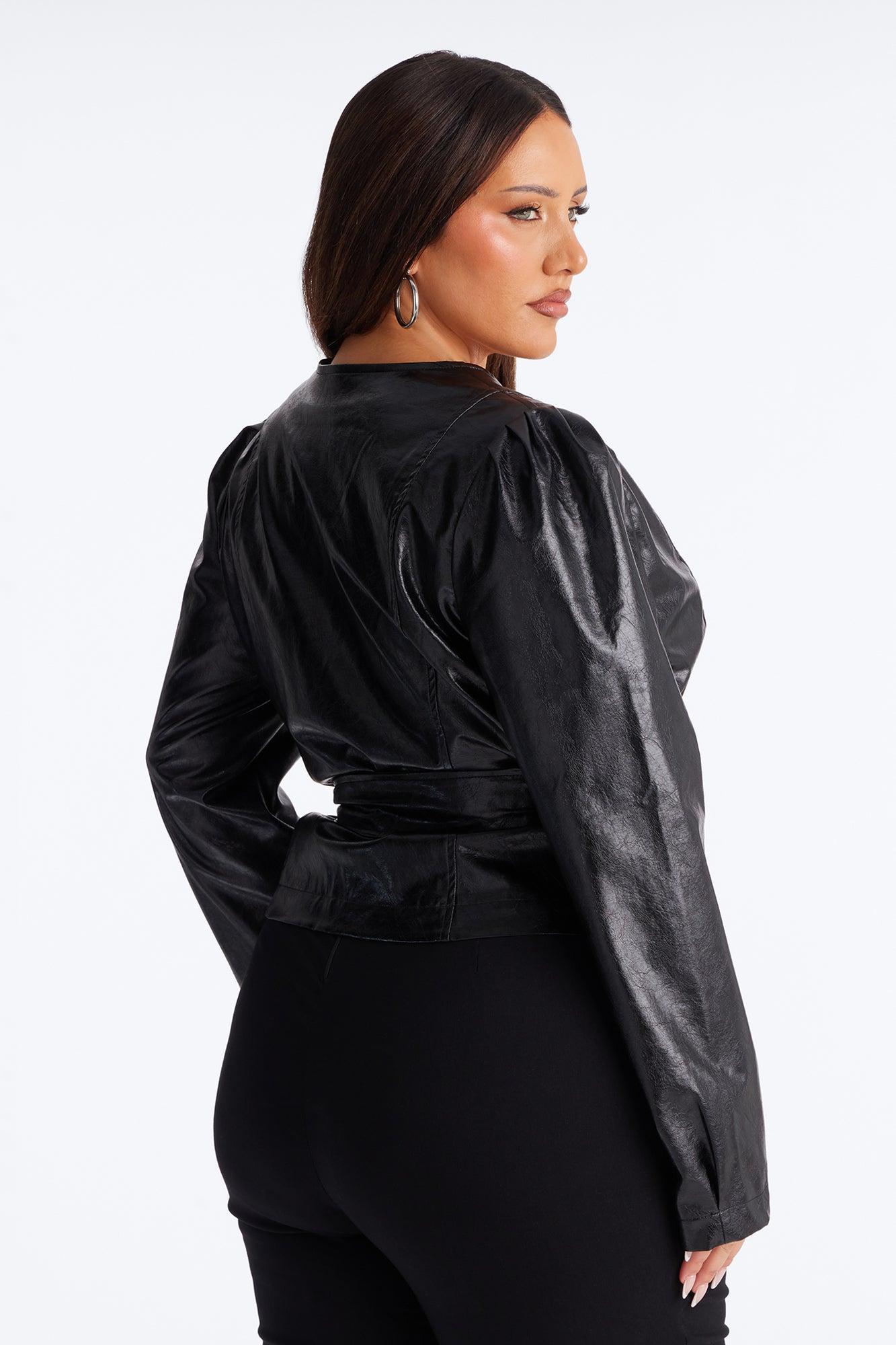 Ariel Collarless Zipper Belted Faux Leather Jacket - Black Female Product Image