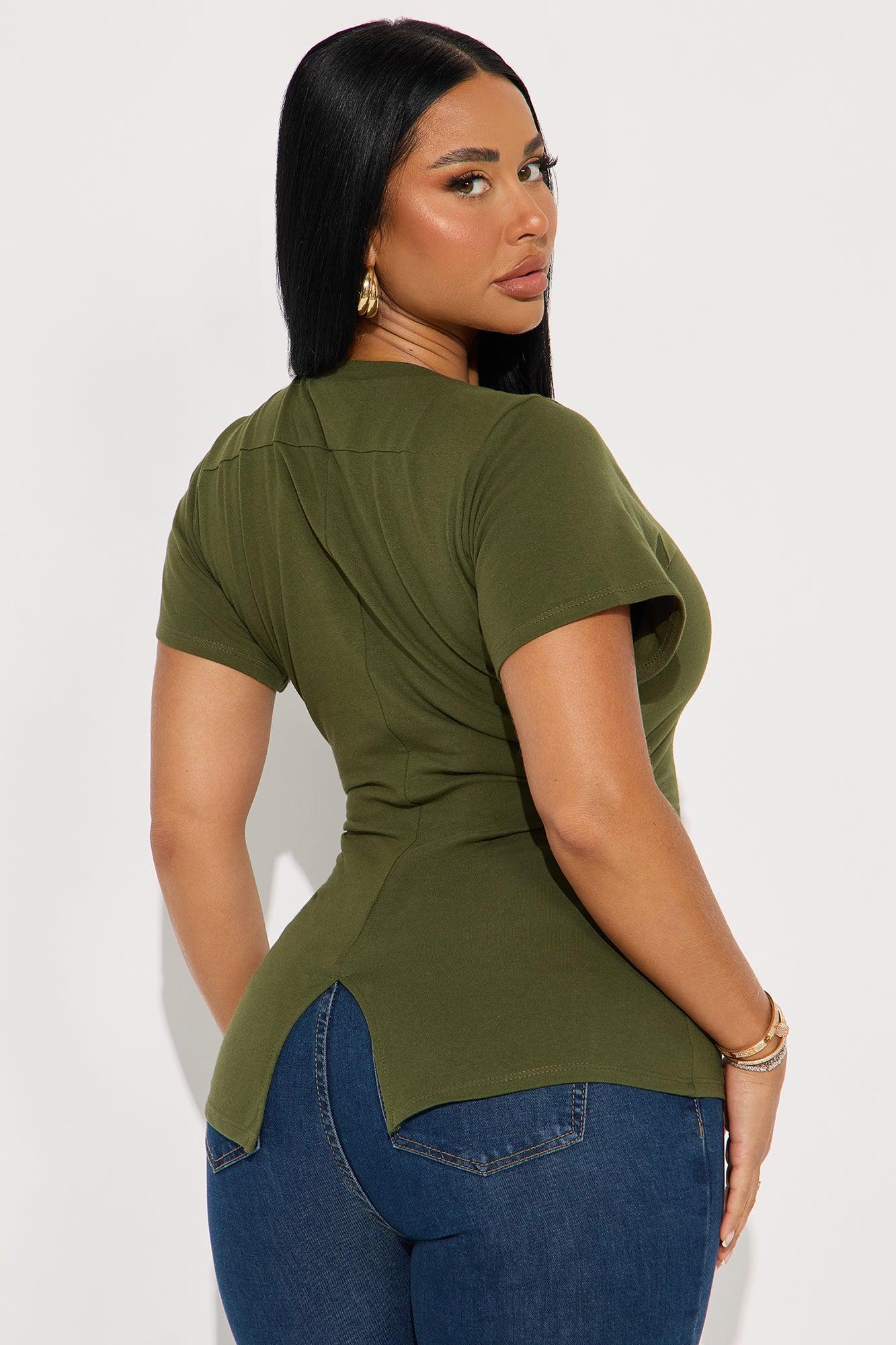 Simply Me Ruched Short Sleeve T-Shirt - Olive Female Product Image