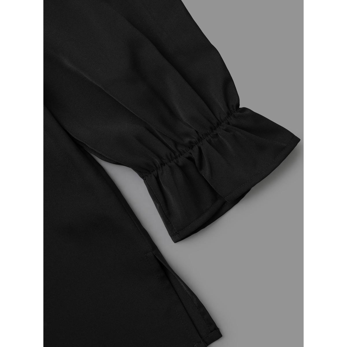 Plus Size Black Notched Collar Pleated Lantern Sleeve Blouse Women At the Office Long Sleeve Notched collar Work Blouses BloomChic 22-24/3X Product Image