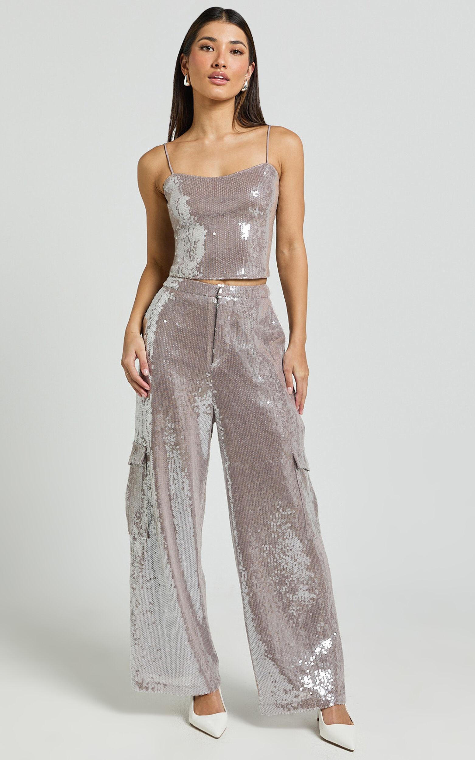 Tricia Top - Sequin Cami Top in Grey Product Image
