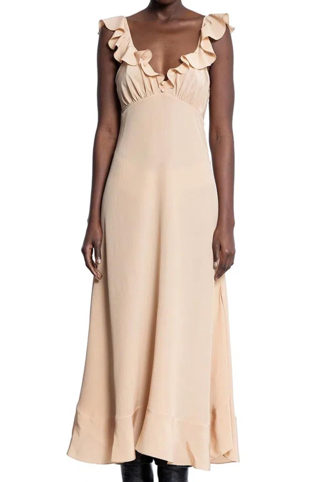 CHLOÉ Long Silk Dress With Flared Skirt And Ruffled Straps In Beige Product Image