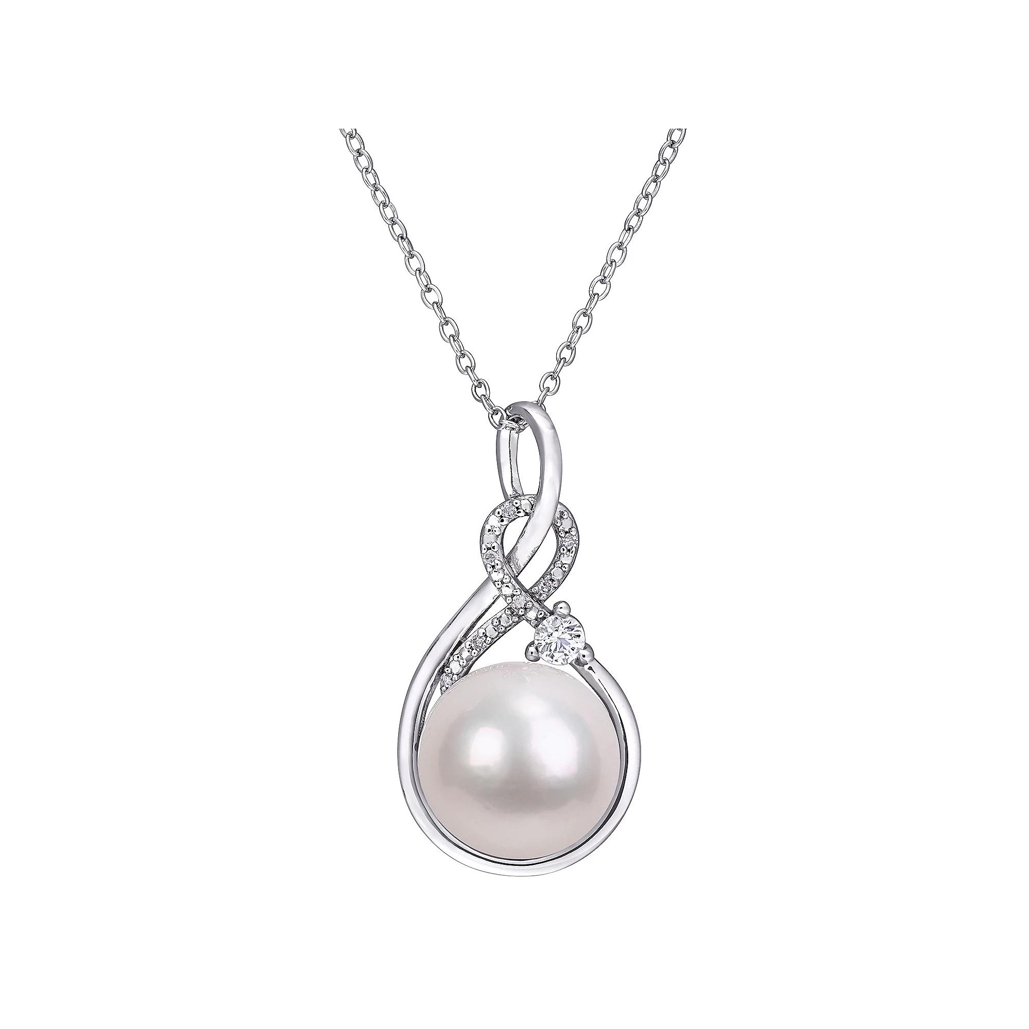 Stella Grace Sterling Silver Freshwater Cultured Pearl, Diamond Accent & Lab-Created White Sapphire Pendant Necklace, Women's, Size: 18" Product Image
