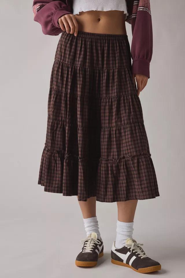 Kimchi Blue Betty Brown Plaid Tiered Midi Skirt Product Image