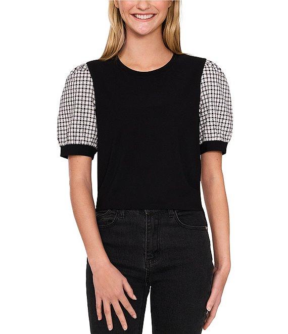 CeCe Crepe Knit Round Neck Gingham Puff Sleeve Top Product Image