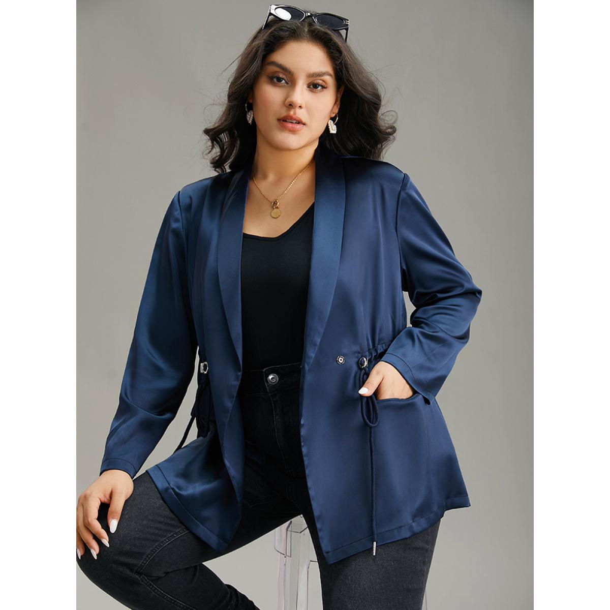 Plus Size Suit Collar Flap Pocket Drawstring Ties Blazer DarkBlue Women Office Plain Plain Sleeve Long Sleeve Suit Collar 22-24/3X Pocket Work From Home Blazers BloomChic Product Image