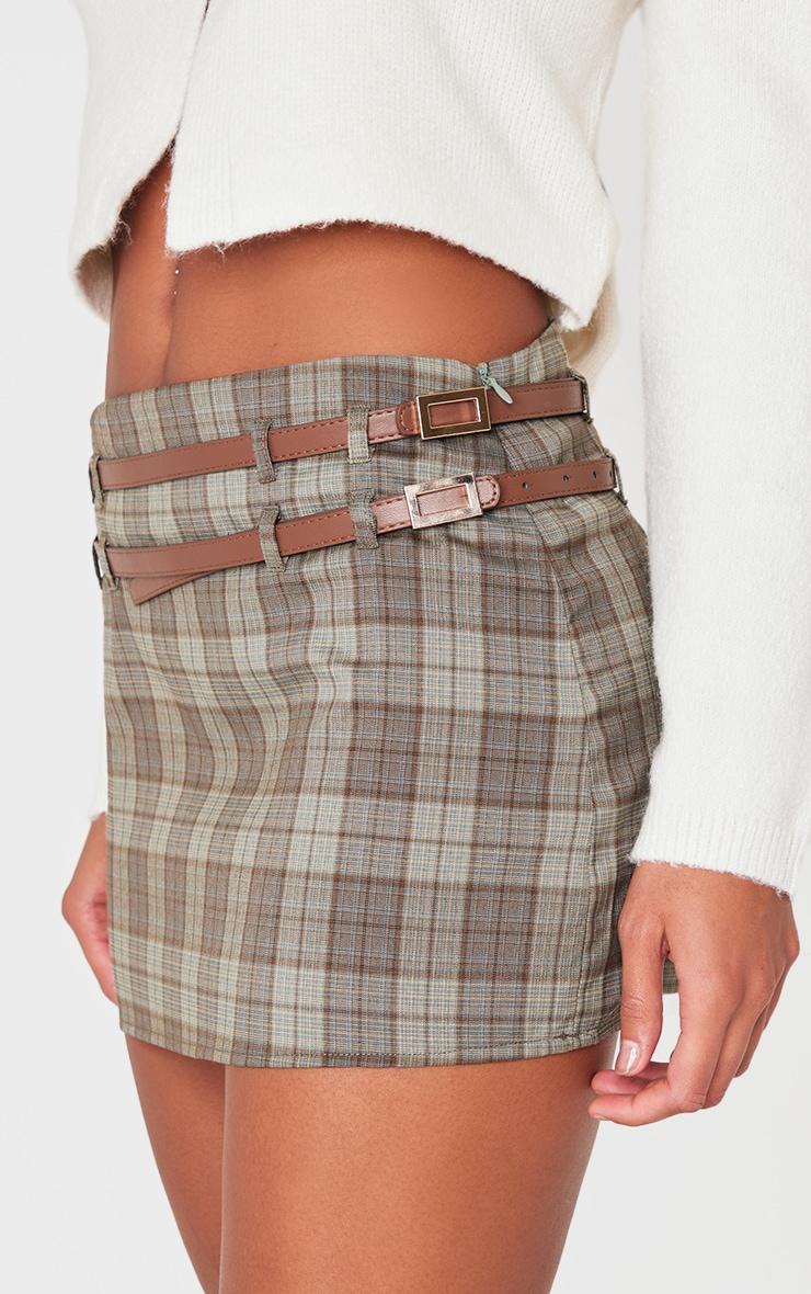 Dark Green Plaid Printed Double Belt Tailored Mini Skirt Product Image