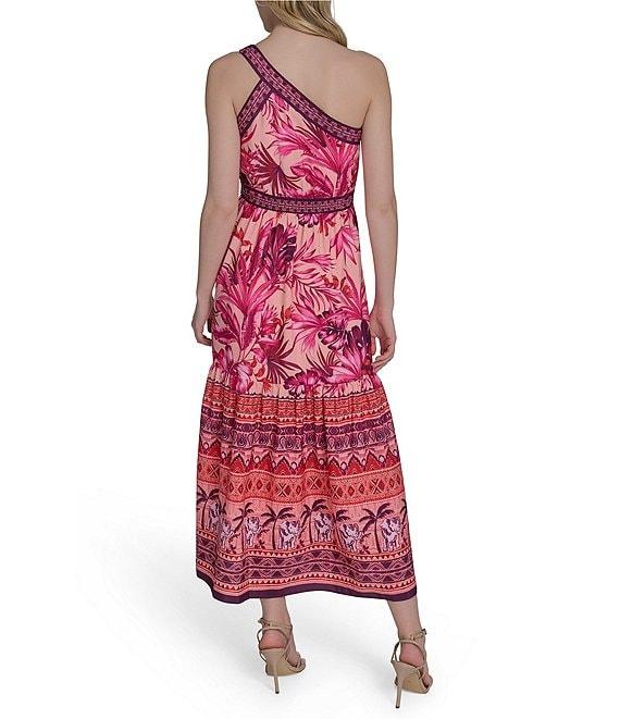 Eliza J One Shoulder Tropical Floral Print Tiered A-Line Midi Dress Product Image