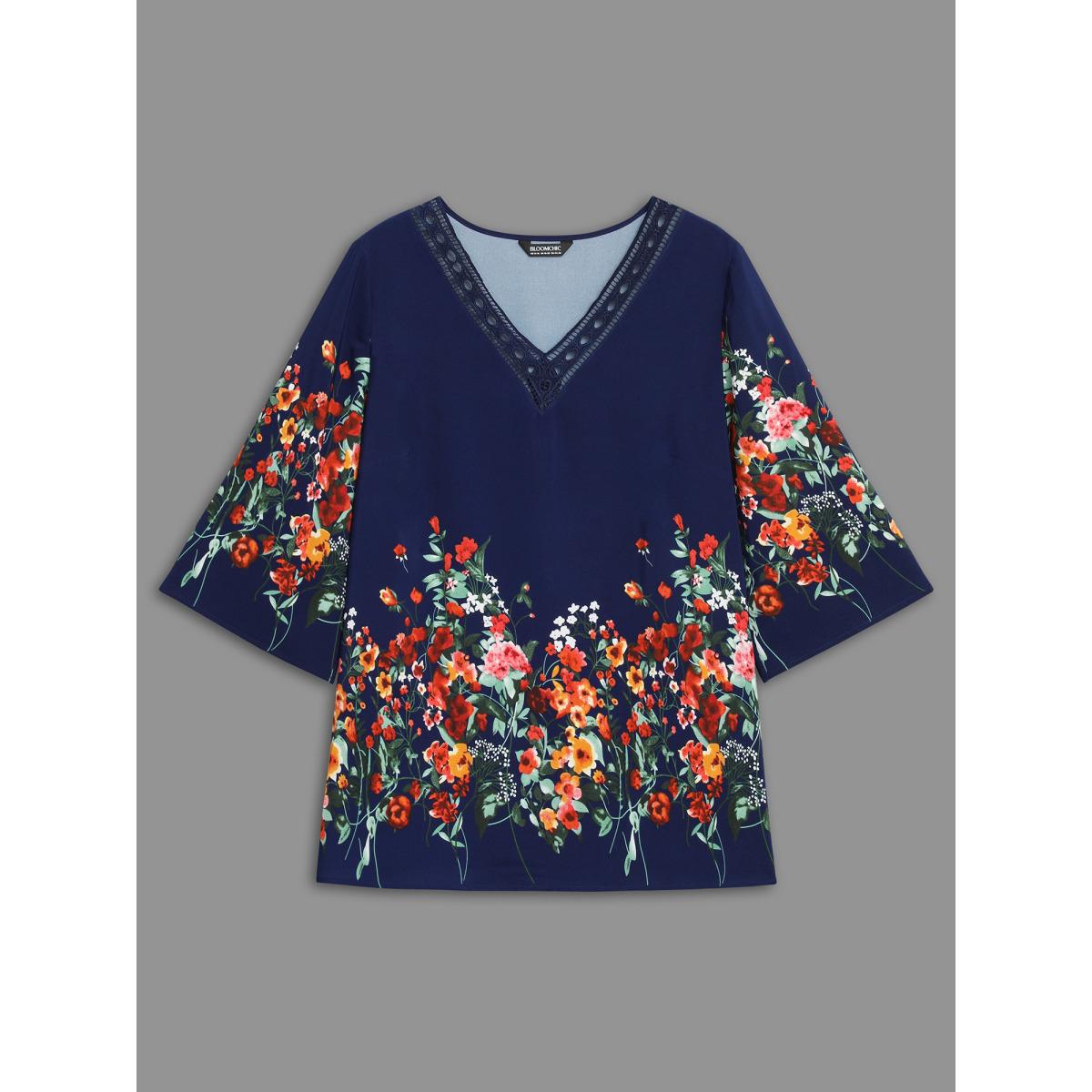 Plus Size Indigo Floral V Neck Cut-Out Lace Blouse Women Elegant Elbow-length sleeve V-neck Everyday Blouses BloomChic 22-24/3X Product Image