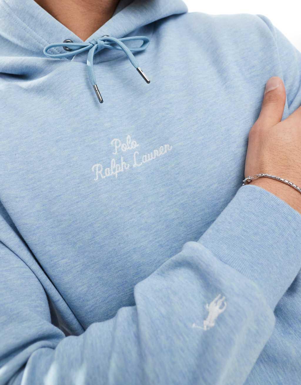 Polo Ralph Lauren central script logo double knit hoodie in light blue heather Product Image