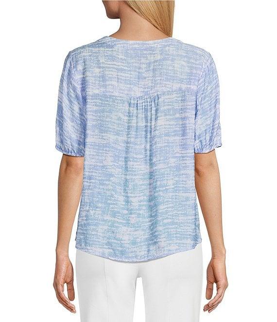 Slim Factor By Investments Julia Forever Blue Vintage Texture Print V-Neck Short Sleeve Top Product Image