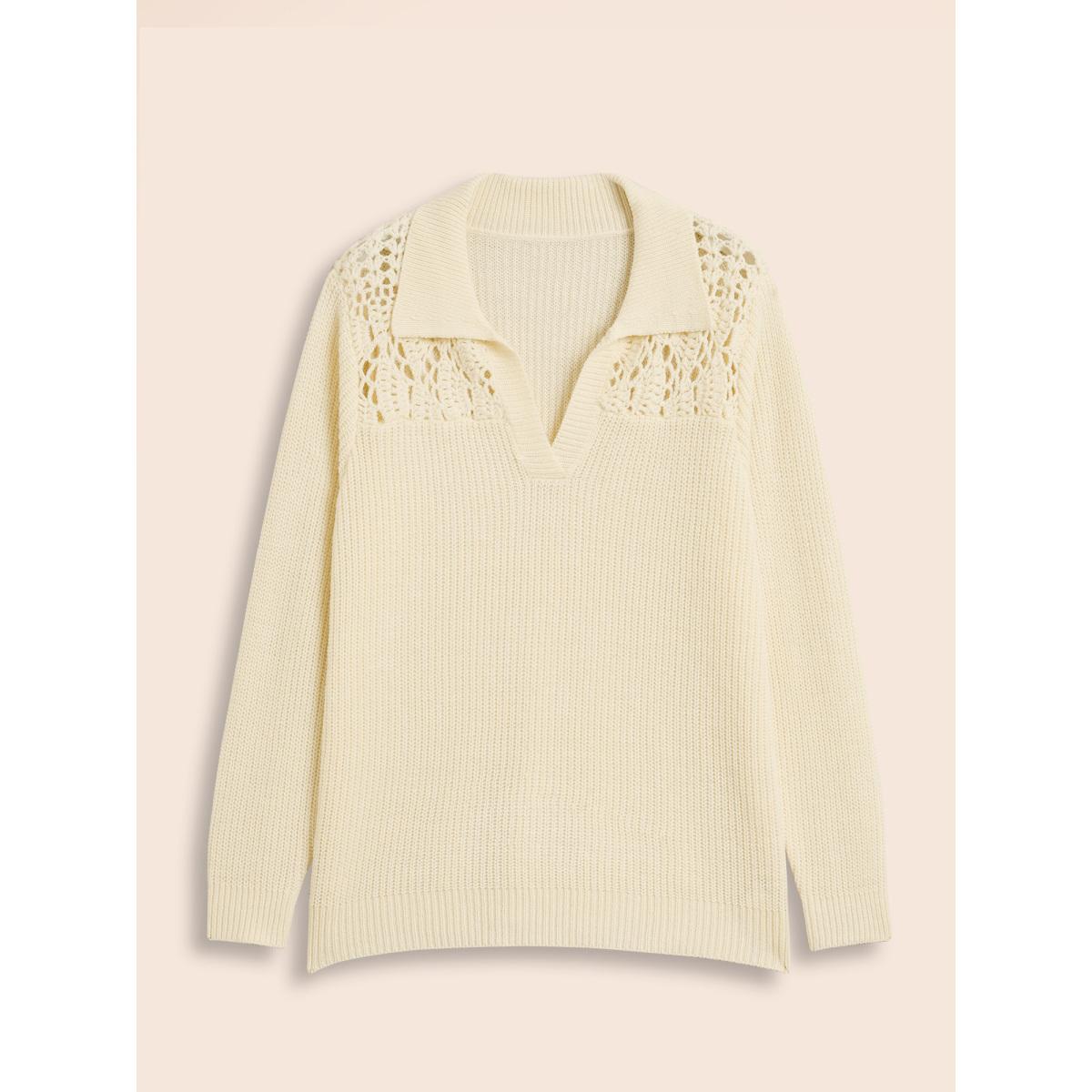 Plus Size Hand Crocheted Polo Collared Pullover Beige Women Leisure Long Sleeve Polo Casual Pullovers BloomChic 28/5X Product Image