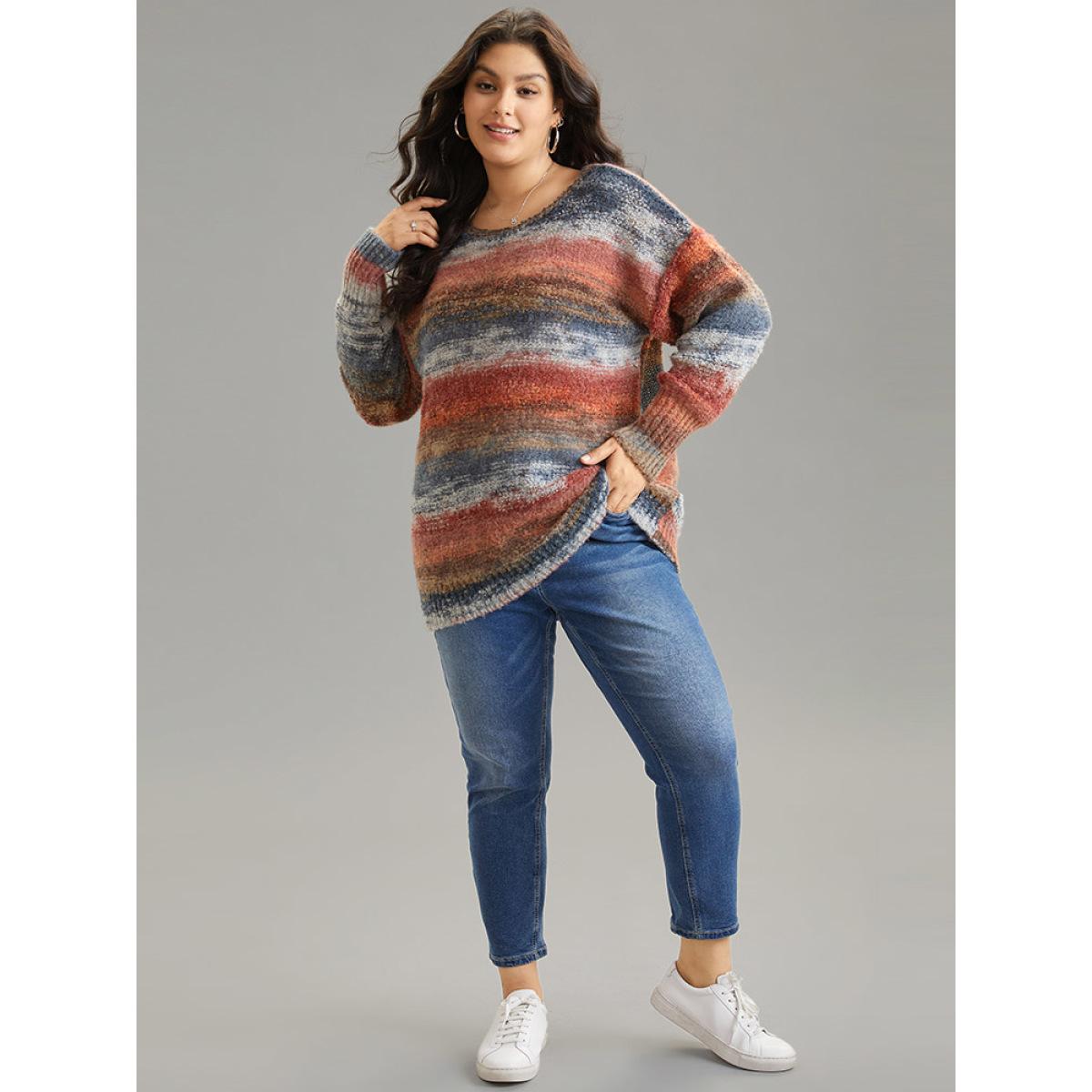 Plus Size Heather Colorblock Contrast Drop Shoulder Pullover Multicolor Women Casual Loose Long Sleeve Round Neck Everyday Pullovers BloomChic 30/6X Product Image